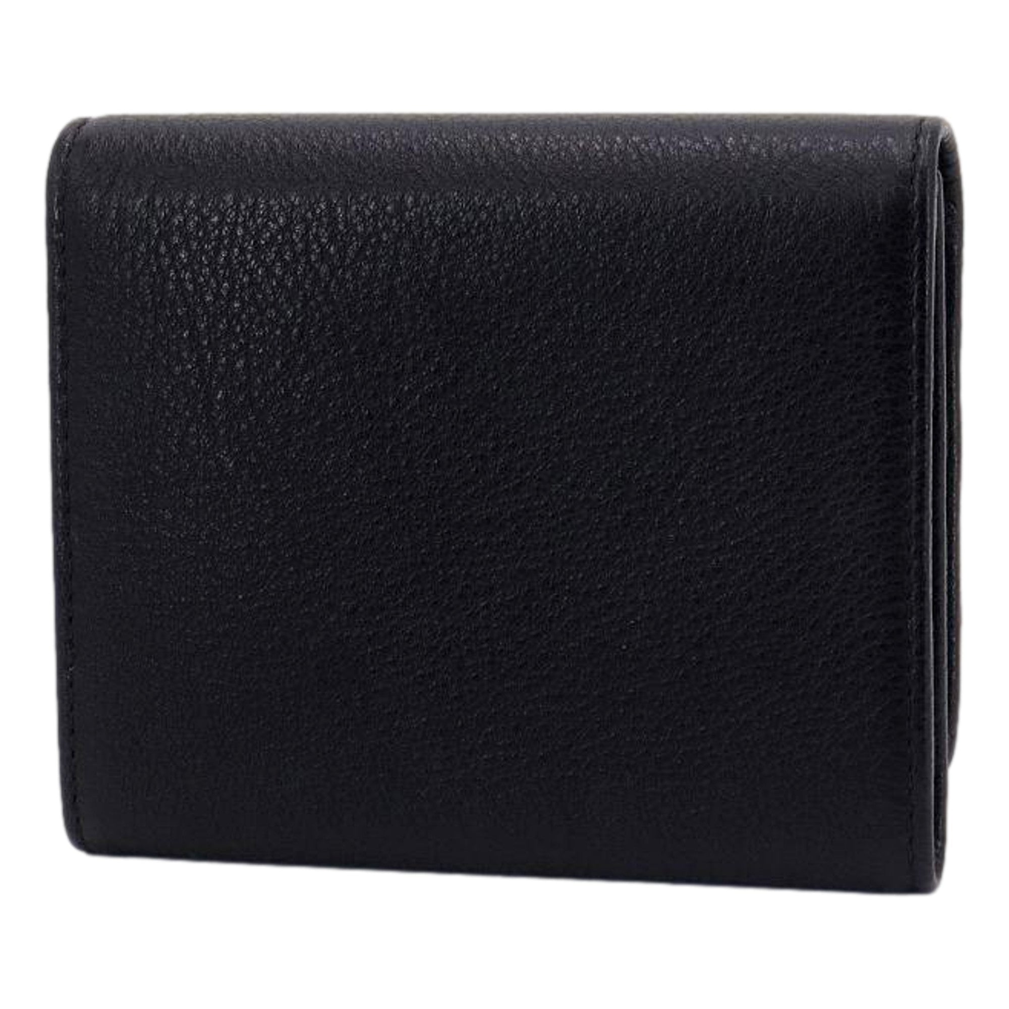 Prada Vitello Grain Black Trifold Compact Wallet Leather Logo Plaque available at Queen Bee of Beverly Hills