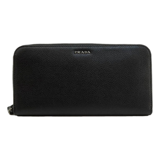 Prada Vitello Grain Long Black and Grey Zip Around Continental Wallet available at Queen Bee of Beverly Hills