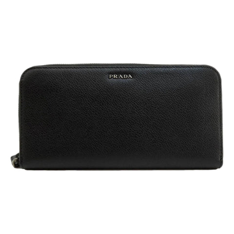 Prada Vitello Grain Long Black and Grey Zip Around Continental Wallet available at Queen Bee of Beverly Hills