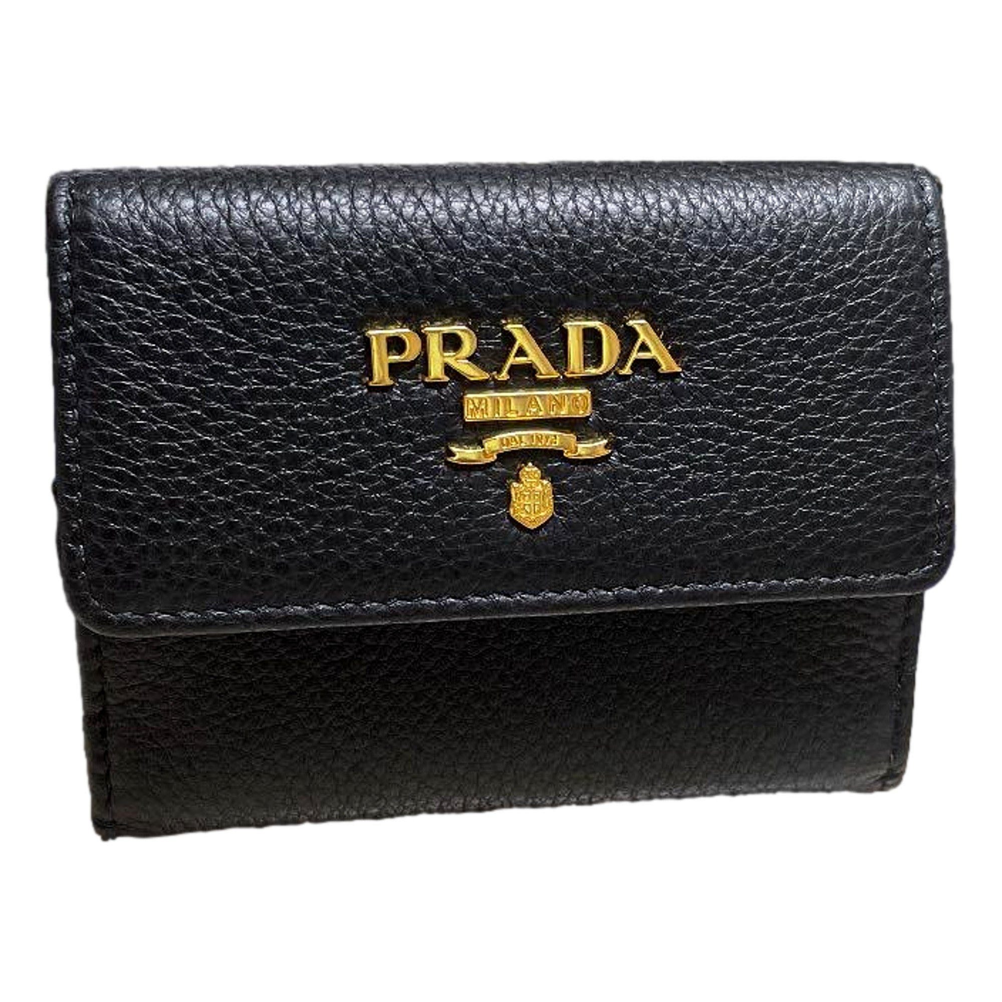 Prada Vitello Grain Nero Black Bifold ID Holder Snap Wallet available at Queen Bee of Beverly Hills
