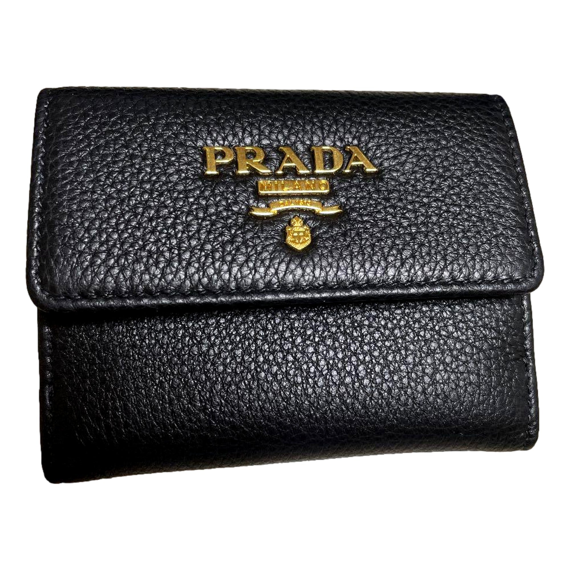 Prada Vitello Grain Nero Black Bifold ID Holder Snap Wallet available at Queen Bee of Beverly Hills