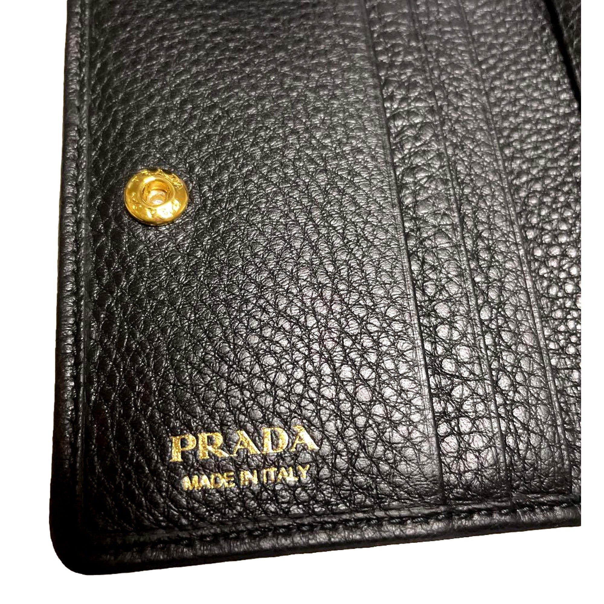 Prada Vitello Grain Nero Black Bifold ID Holder Snap Wallet available at Queen Bee of Beverly Hills