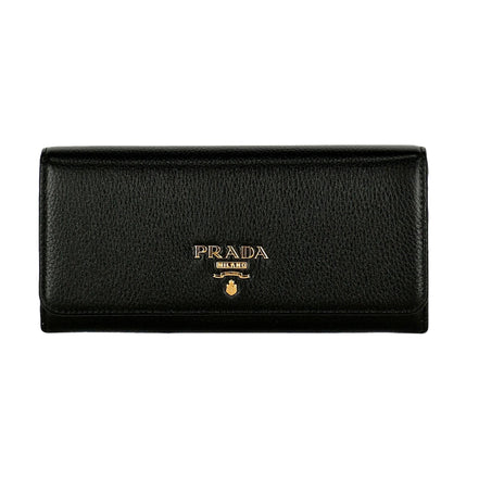 Prada Vitello Grain Nero Black Leather Continental Long Wallet Zipper Pouch available at Queen Bee of Beverly Hills
