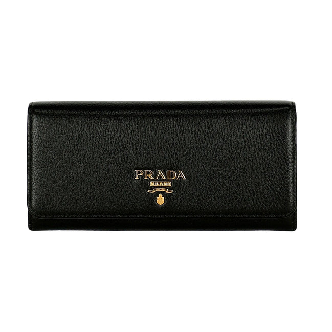 Prada Vitello Grain Nero Black Leather Continental Long Wallet Zipper Pouch available at Queen Bee of Beverly Hills