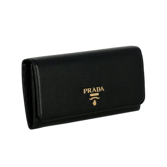 Prada Vitello Grain Nero Black Leather Continental Long Wallet Zipper Pouch available at Queen Bee of Beverly Hills