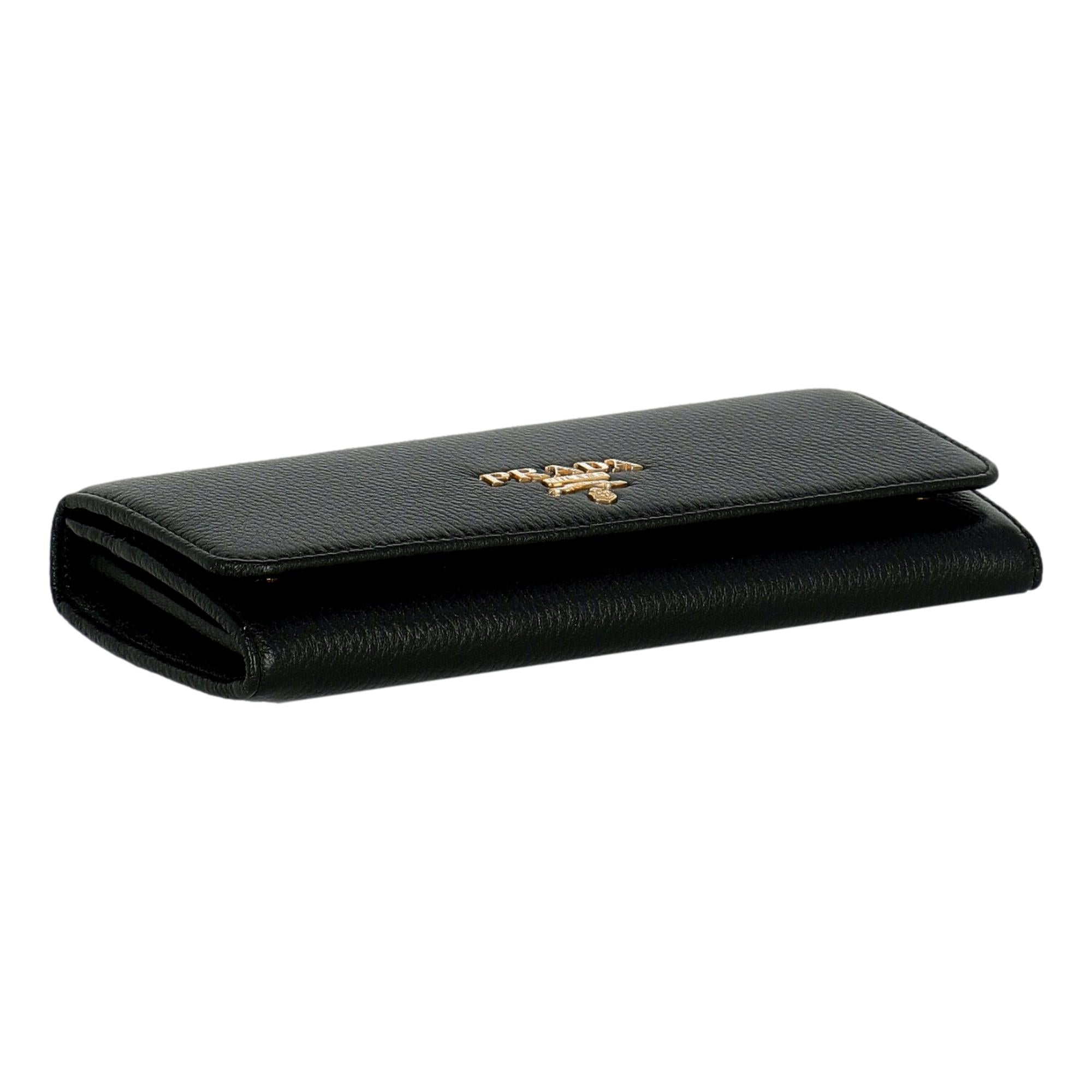 Prada Vitello Grain Nero Black Leather Continental Long Wallet Zipper Pouch available at Queen Bee of Beverly Hills