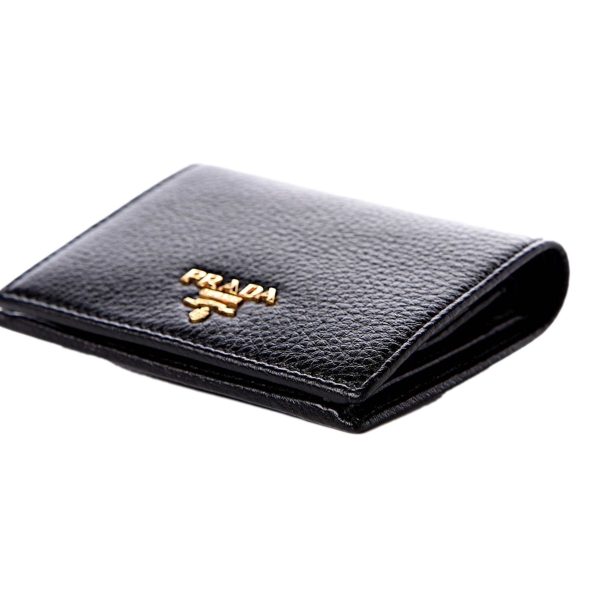 Prada Vitello Grain Nero Black Logo Leather Bifold Snap Wallet available at Queen Bee of Beverly Hills