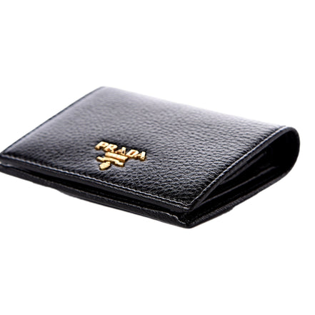 Prada Vitello Grain Nero Black Logo Leather Bifold Snap Wallet available at Queen Bee of Beverly Hills