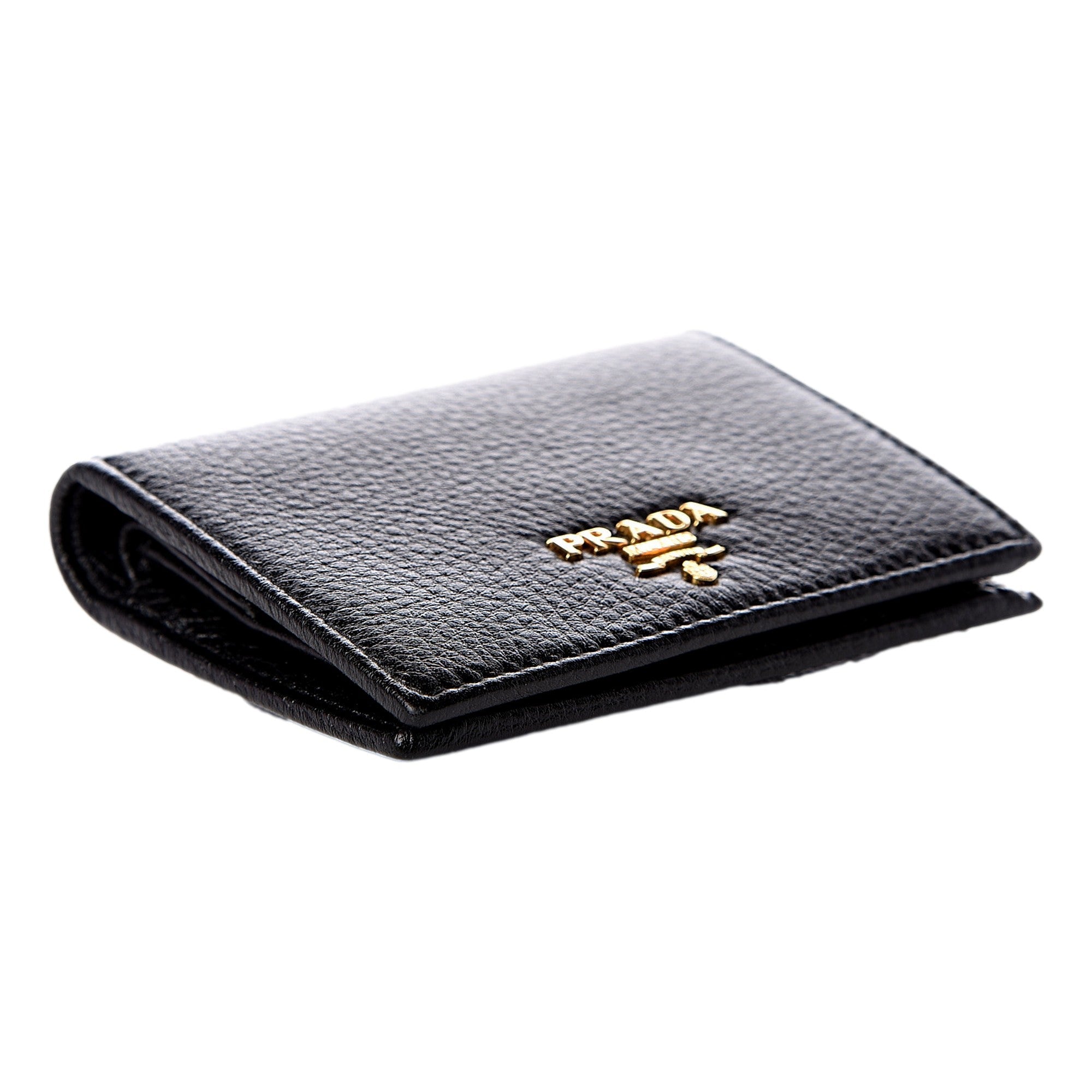 Prada Vitello Grain Nero Black Logo Leather Bifold Snap Wallet available at Queen Bee of Beverly Hills