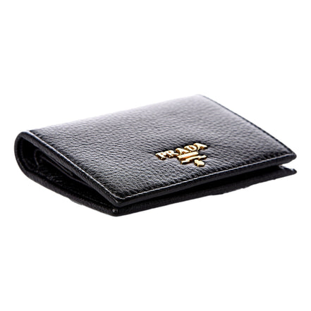 Prada Vitello Grain Nero Black Logo Leather Bifold Snap Wallet available at Queen Bee of Beverly Hills