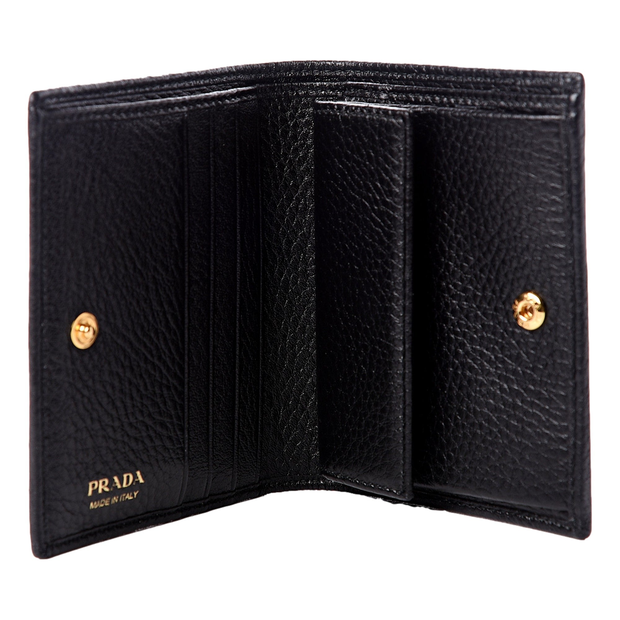 Prada Vitello Grain Nero Black Logo Leather Bifold Snap Wallet available at Queen Bee of Beverly Hills