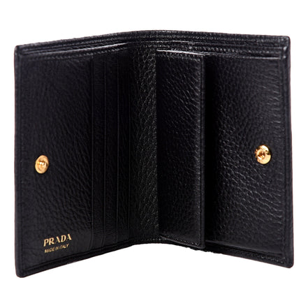 Prada Vitello Grain Nero Black Logo Leather Bifold Snap Wallet available at Queen Bee of Beverly Hills