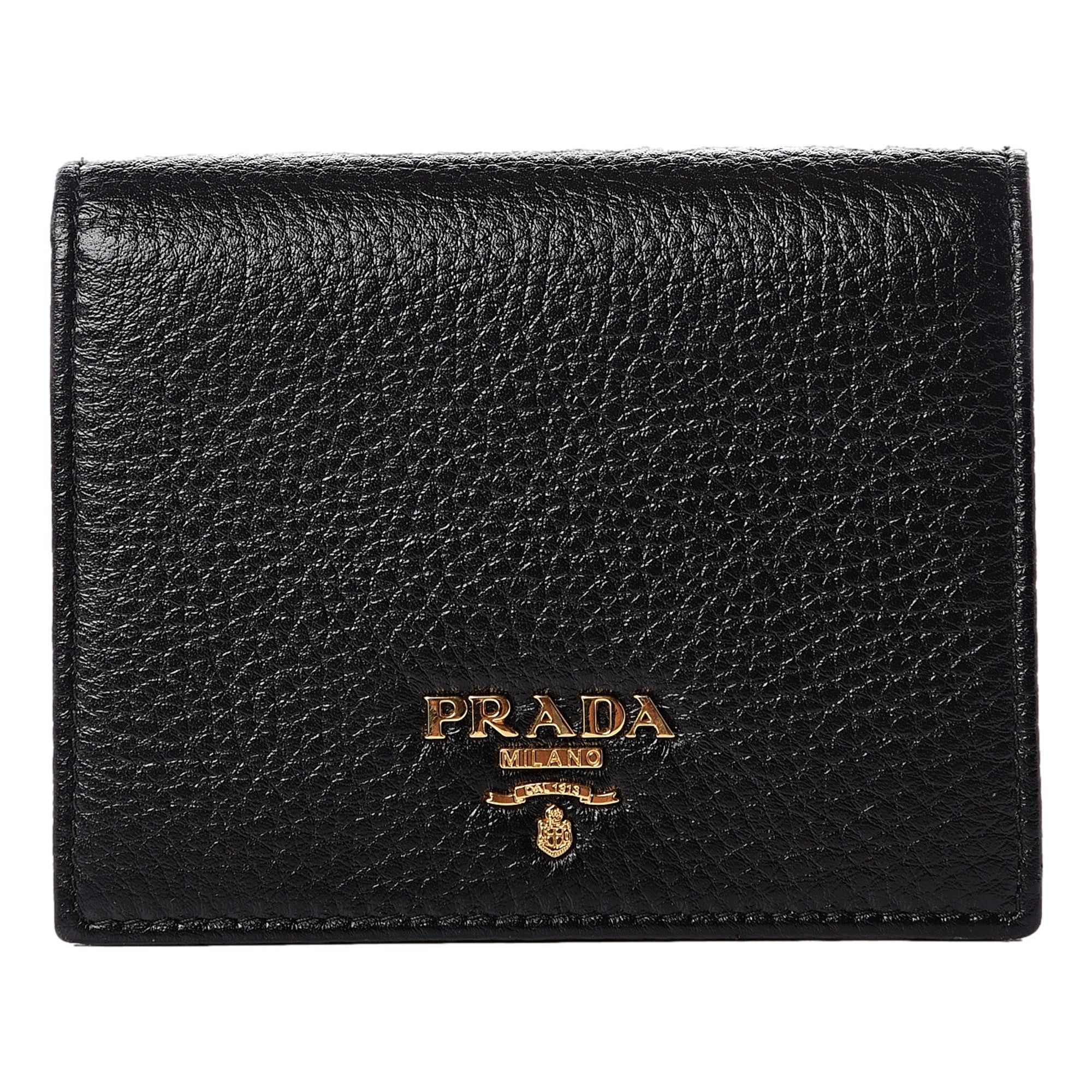 Prada Vitello Grain Nero Black Logo Leather Bifold Snap Wallet available at Queen Bee of Beverly Hills