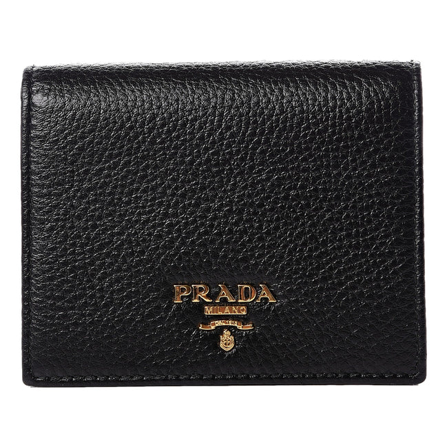 Prada Vitello Grain Nero Black Logo Leather Bifold Snap Wallet available at Queen Bee of Beverly Hills