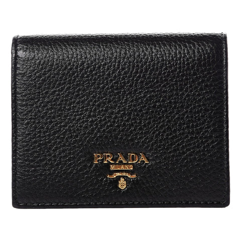 Prada Vitello Grain Nero Black Logo Leather Bifold Snap Wallet available at Queen Bee of Beverly Hills