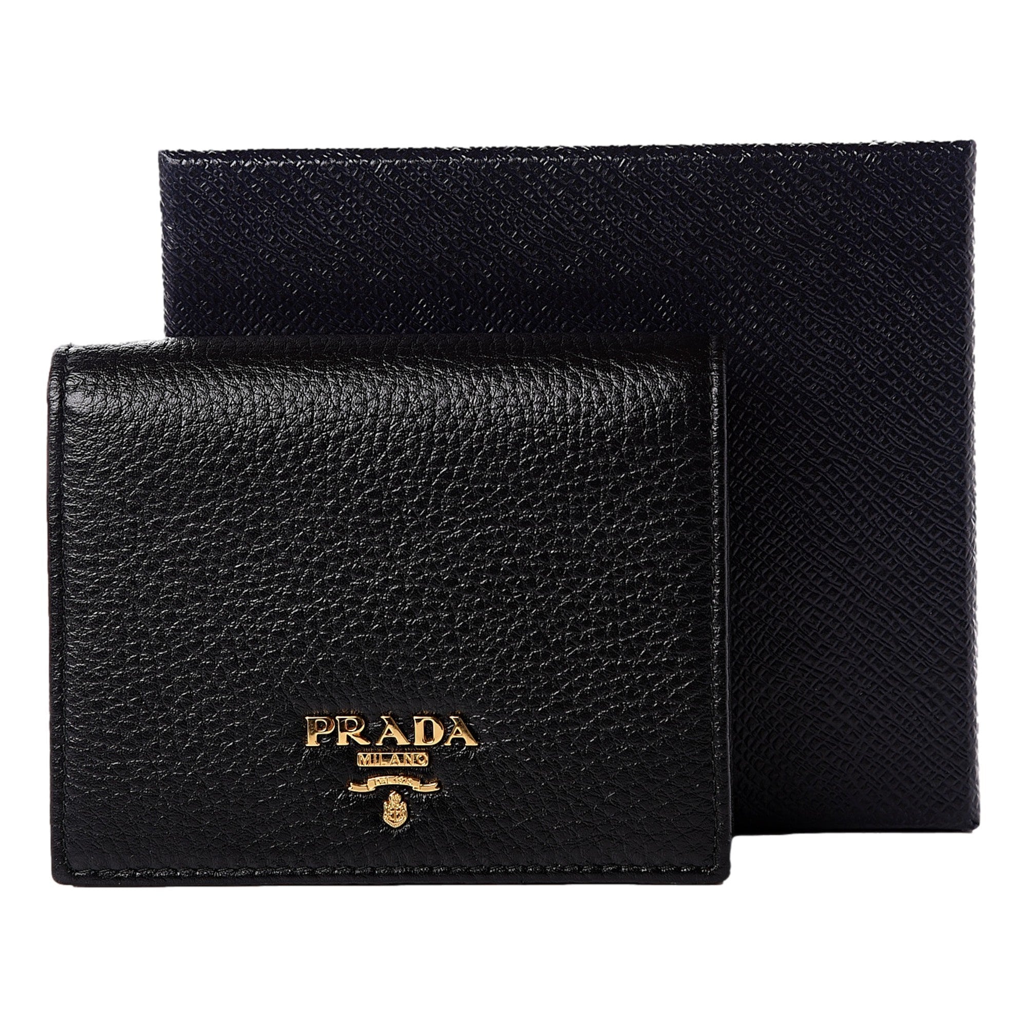 Prada Vitello Grain Nero Black Logo Leather Bifold Snap Wallet available at Queen Bee of Beverly Hills