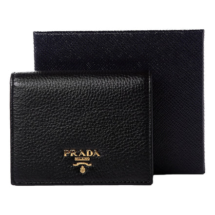 Prada Vitello Grain Nero Black Logo Leather Bifold Snap Wallet available at Queen Bee of Beverly Hills