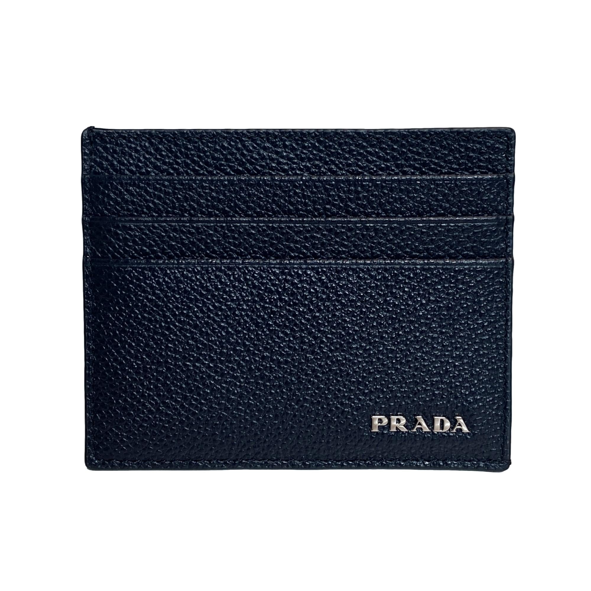Prada Vitello Micro Grain Leather Baltico Blue Card Holder Wallet available at Queen Bee of Beverly Hills
