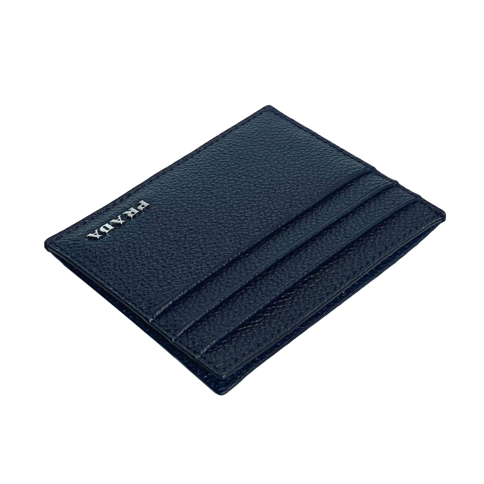 Prada Vitello Micro Grain Leather Baltico Blue Card Holder Wallet available at Queen Bee of Beverly Hills