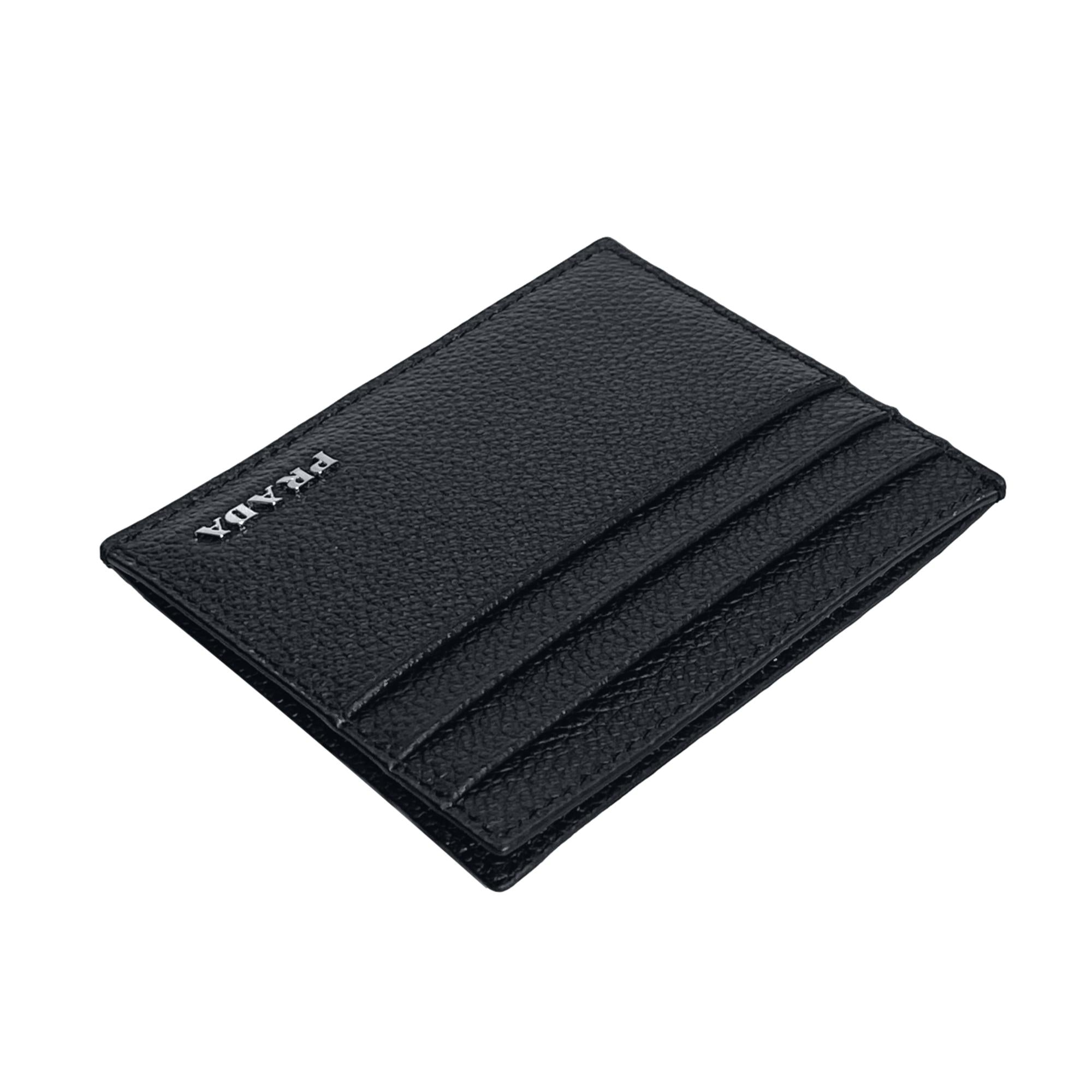 Prada Vitello Micro Grain Leather Black Card Holder Wallet available at Queen Bee of Beverly Hills