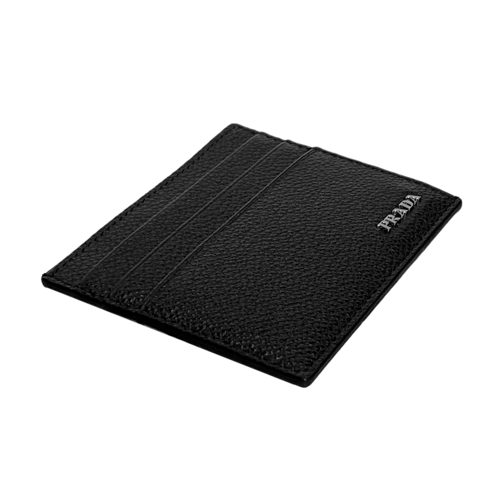 Prada Vitello Micro Grain Leather Black Card Holder Wallet available at Queen Bee of Beverly Hills