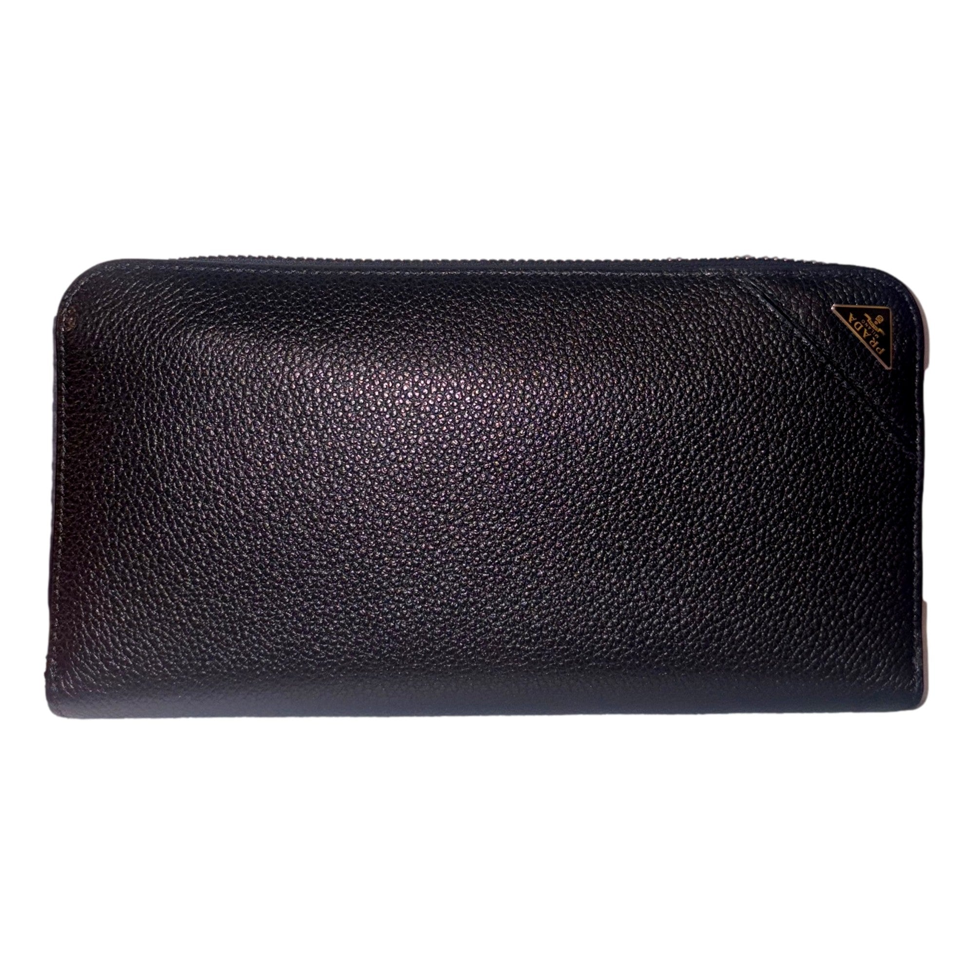 Prada Vitello Micro Grain Long Black Zip Around Continental Wallet Triangle Logo available at Queen Bee of Beverly Hills