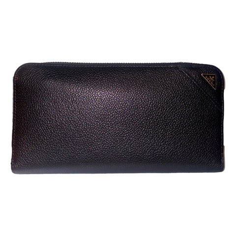 Prada Vitello Micro Grain Long Black Zip Around Continental Wallet Triangle Logo available at Queen Bee of Beverly Hills