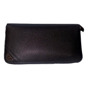 Prada Vitello Micro Grain Long Black Zip Around Continental Wallet Triangle Logo available at Queen Bee of Beverly Hills