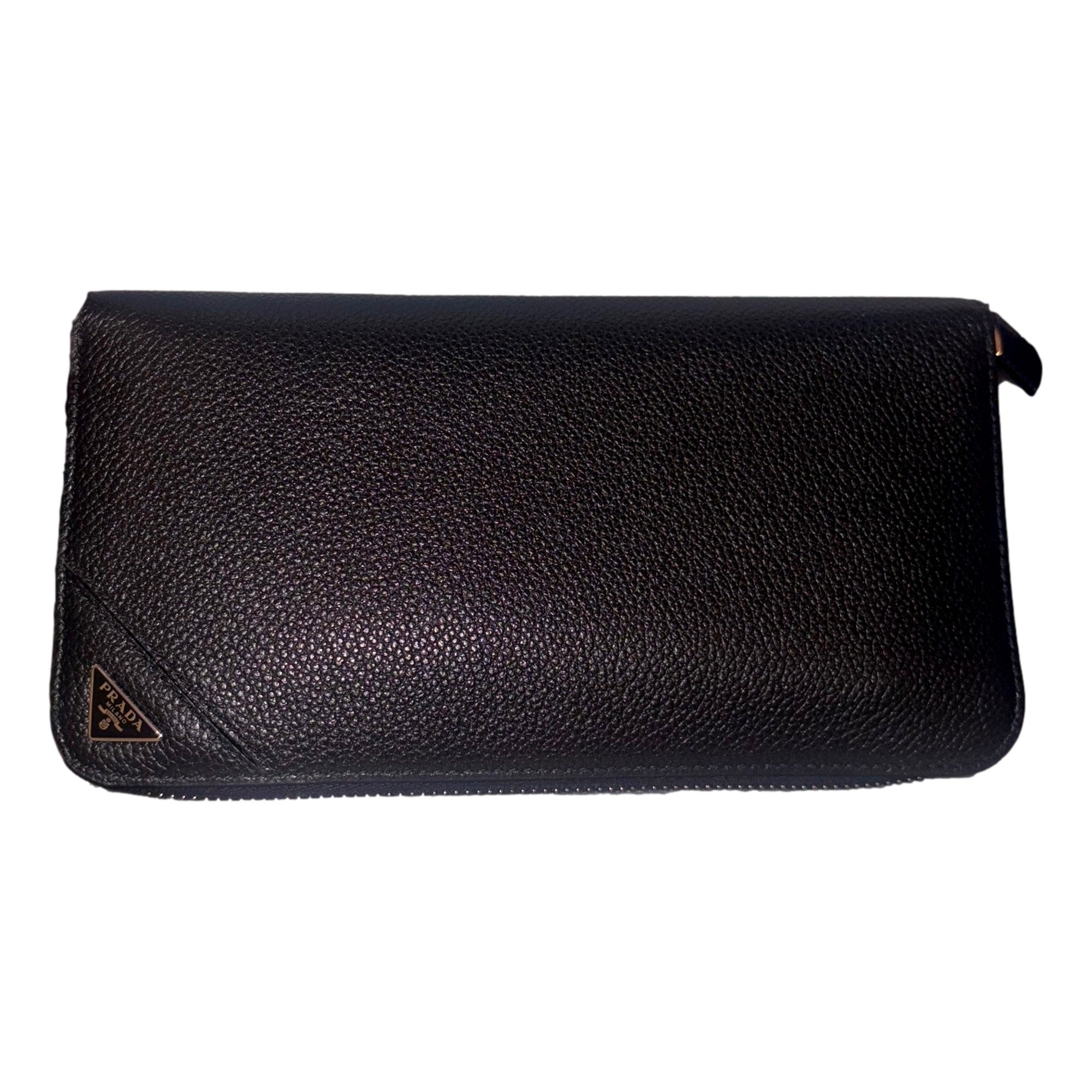 Prada Vitello Micro Grain Long Black Zip Around Continental Wallet Triangle Logo available at Queen Bee of Beverly Hills