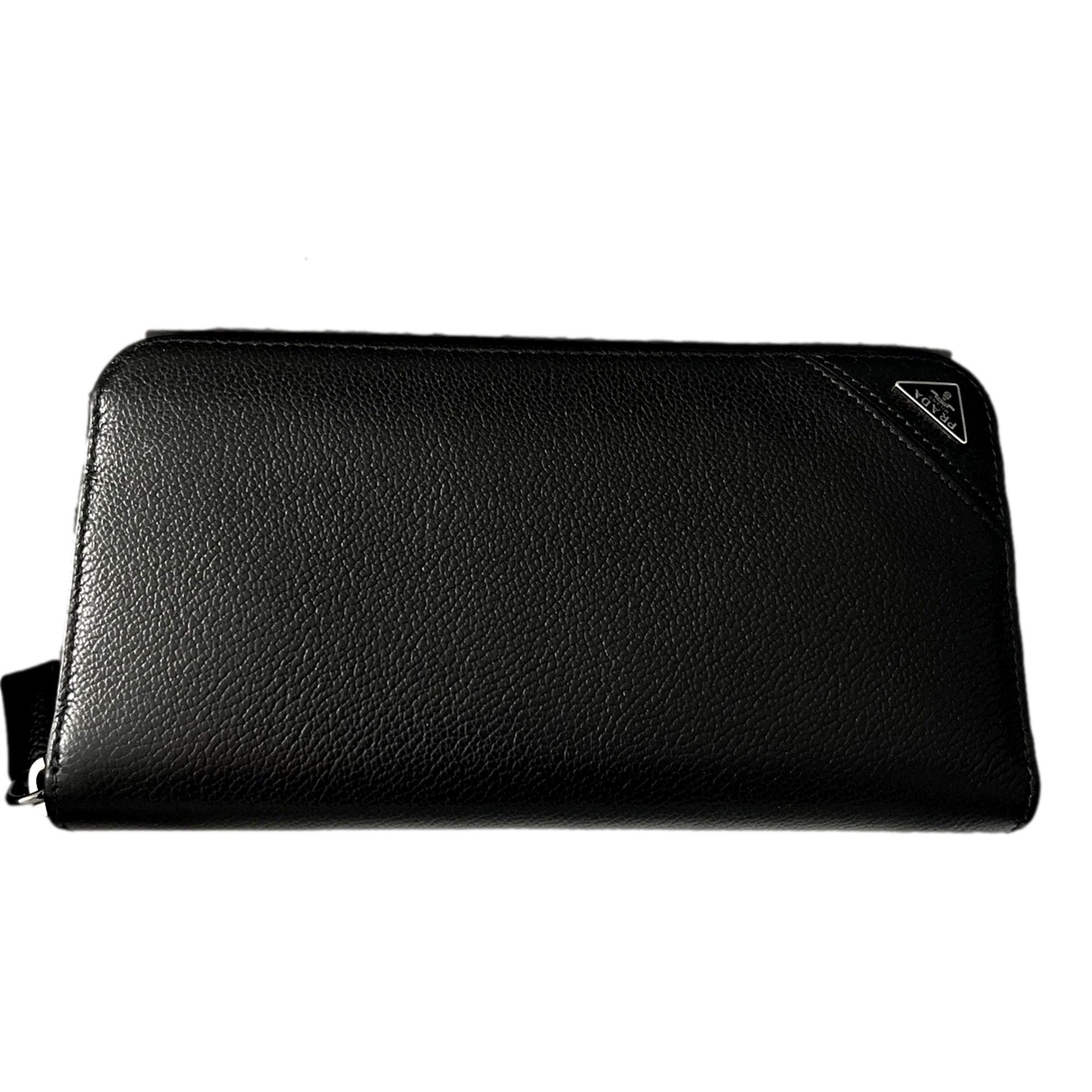 Prada Vitello Micro Grain Long Black Zip Around Continental Wallet Triangle Logo available at Queen Bee of Beverly Hills