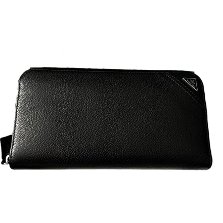 Prada Vitello Micro Grain Long Black Zip Around Continental Wallet Triangle Logo available at Queen Bee of Beverly Hills