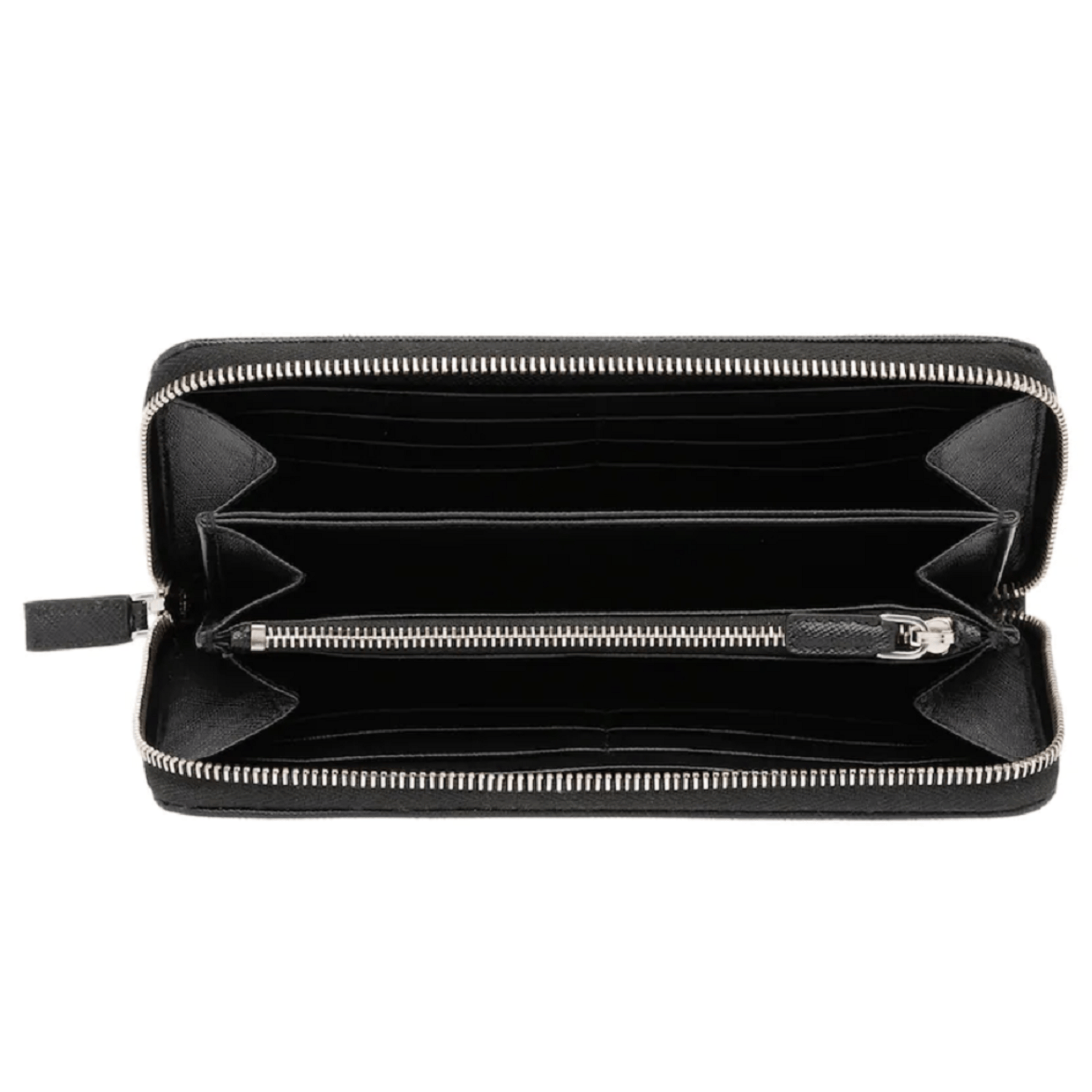 Prada Vitello Micro Grain Long Black Zip Around Continental Wallet Triangle Logo available at Queen Bee of Beverly Hills