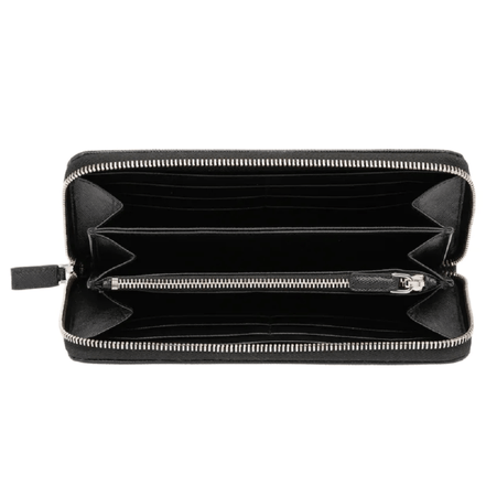 Prada Vitello Micro Grain Long Black Zip Around Continental Wallet Triangle Logo available at Queen Bee of Beverly Hills