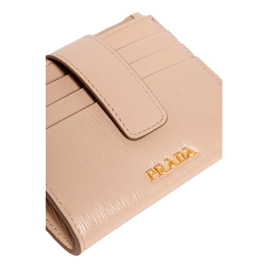 Prada Vitello Move Card Holder Wallet Cipria Beige Leather Logo Plaque available at Queen Bee of Beverly Hills