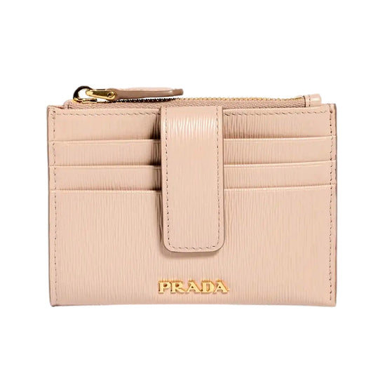 Prada Vitello Move Card Holder Wallet Cipria Beige Leather Logo Plaque available at Queen Bee of Beverly Hills