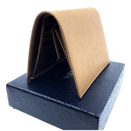 Prada Vitello Move Cipria Beige Leather Bifold Snap Wallet available at Queen Bee of Beverly Hills