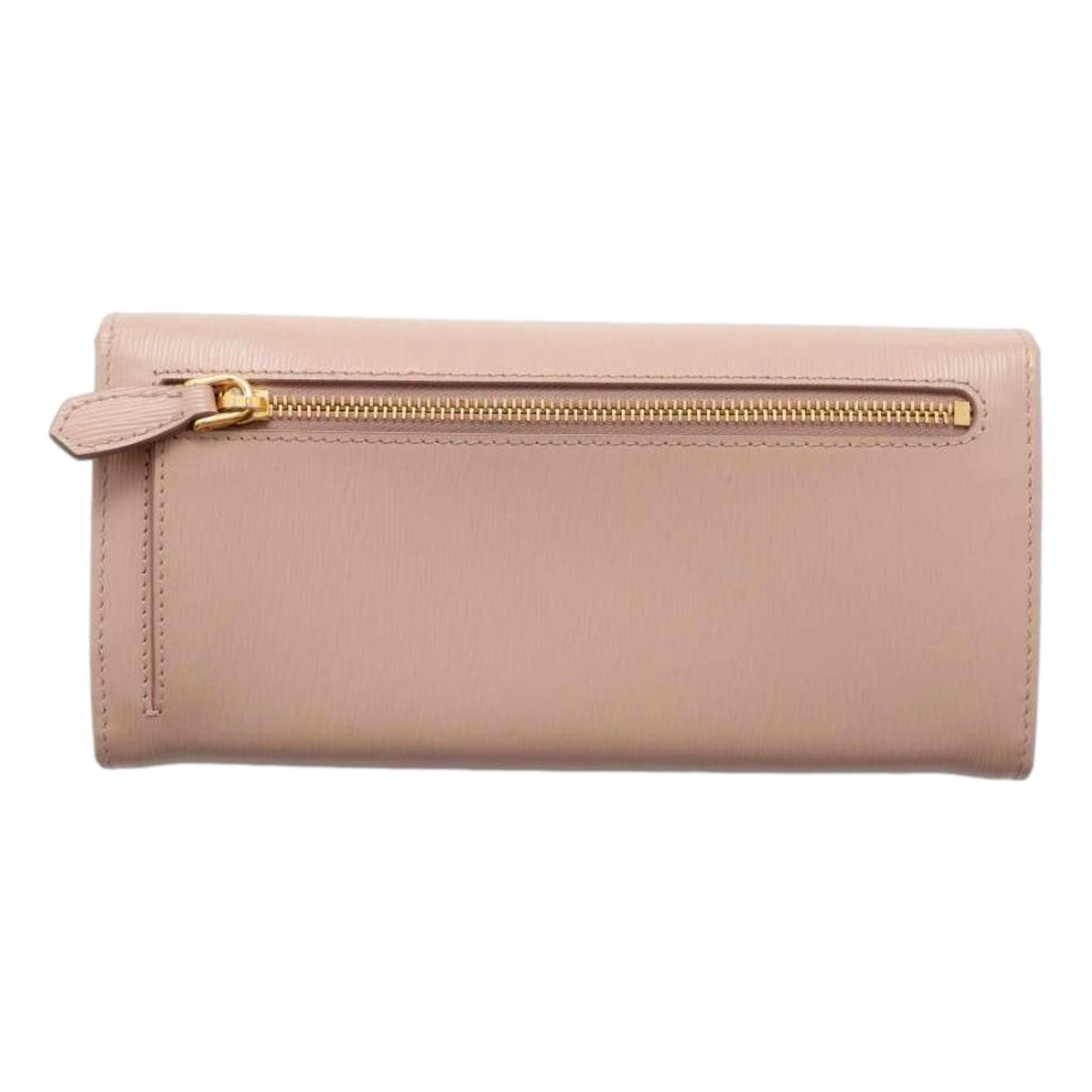 Prada Vitello Move Cipria Beige Leather Continental Long Wallet Gold Triangle Logo available at Queen Bee of Beverly Hills