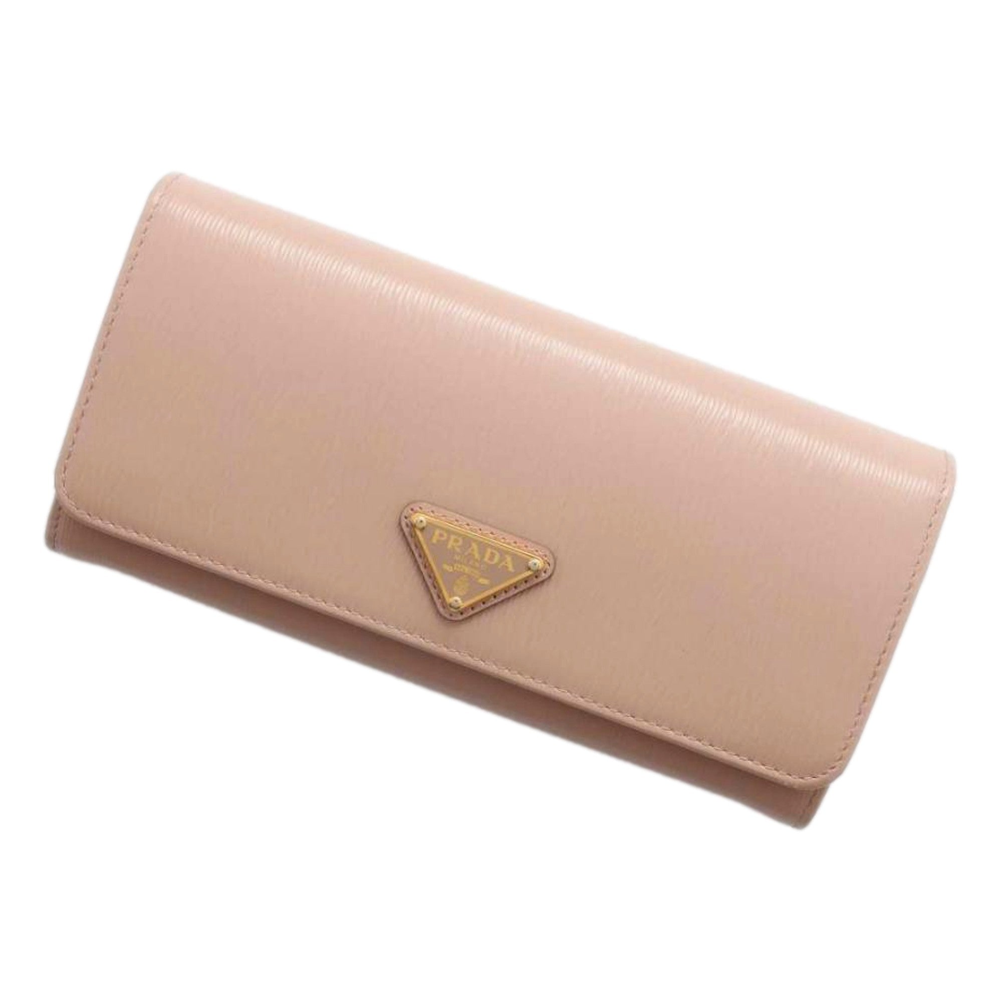 Prada Vitello Move Cipria Beige Leather Continental Long Wallet Gold Triangle Logo available at Queen Bee of Beverly Hills
