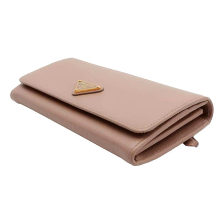 Prada Vitello Move Cipria Beige Leather Continental Long Wallet Gold Triangle Logo available at Queen Bee of Beverly Hills