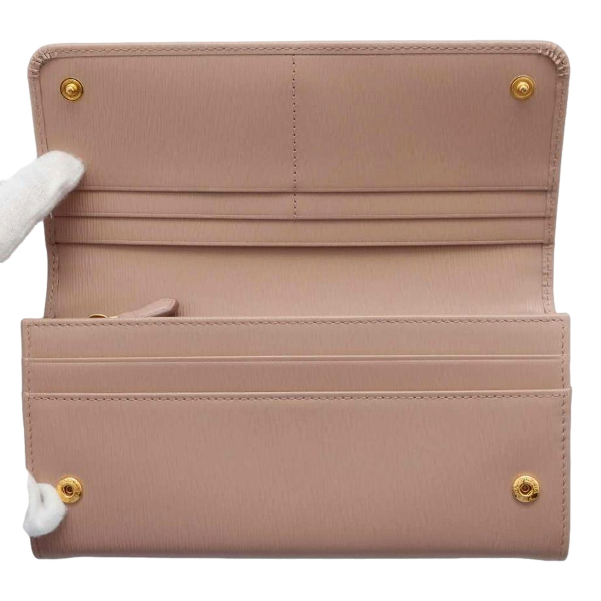 Prada Vitello Move Cipria Beige Leather Continental Long Wallet Gold Triangle Logo available at Queen Bee of Beverly Hills