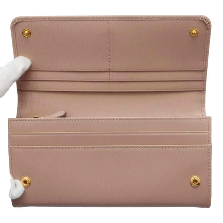 Prada Vitello Move Cipria Beige Leather Continental Long Wallet Gold Triangle Logo available at Queen Bee of Beverly Hills