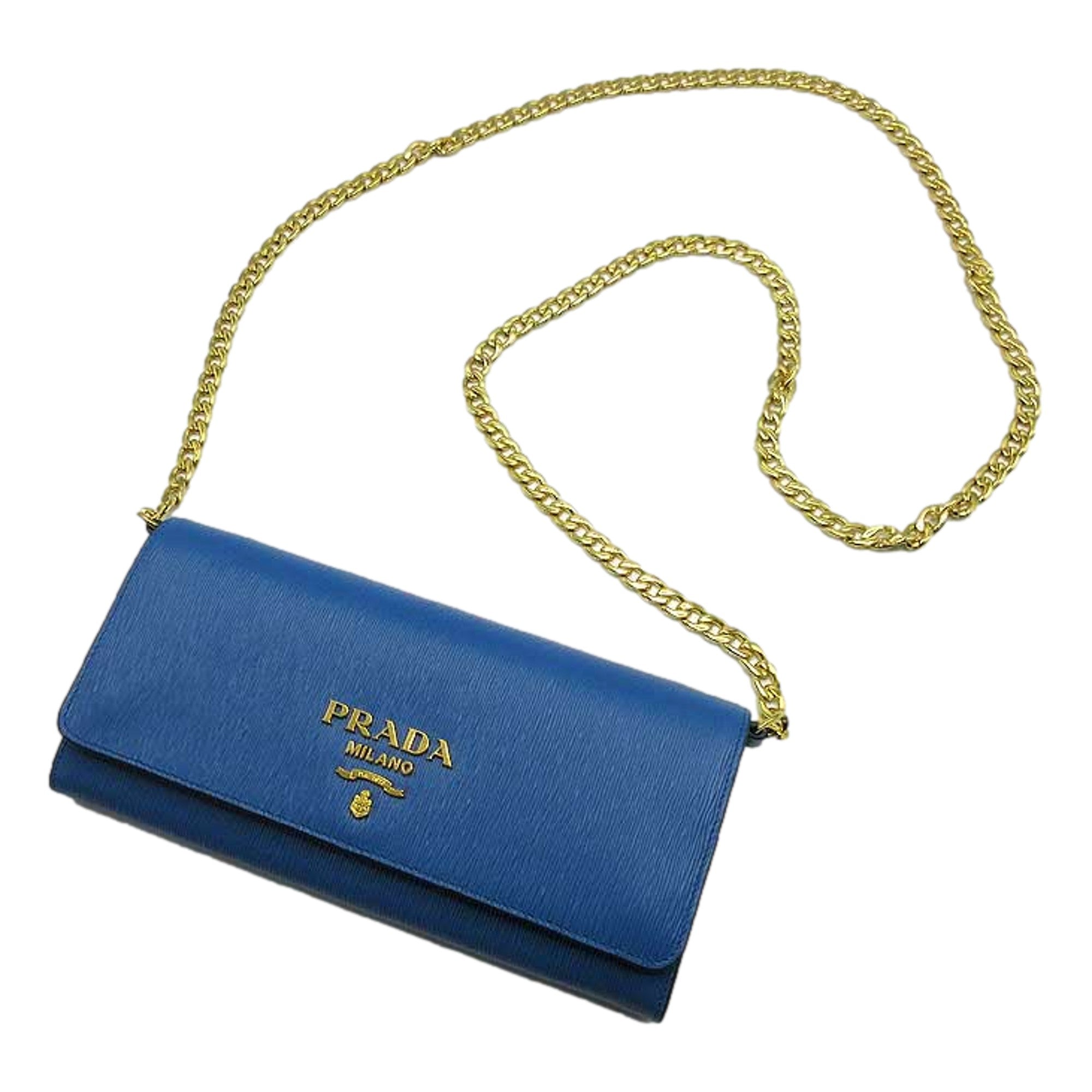 Prada Vitello Move Cobalto Blue Leather Chain Crossbody Wallet Clutch available at Queen Bee of Beverly Hills