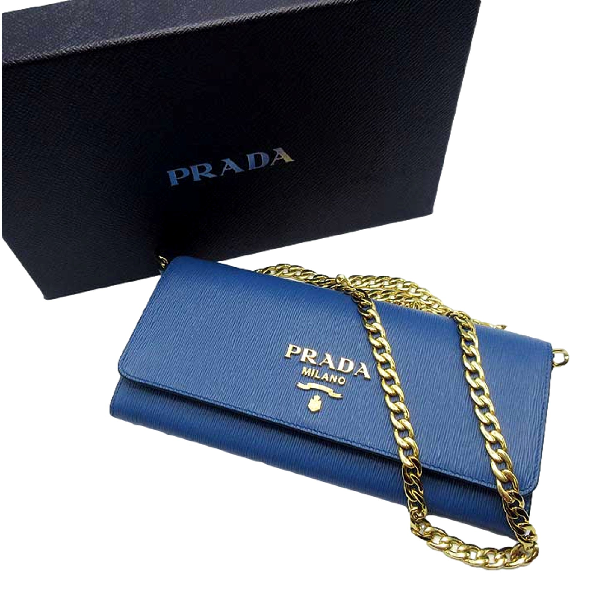 Prada Vitello Move Cobalto Blue Leather Chain Crossbody Wallet Clutch available at Queen Bee of Beverly Hills