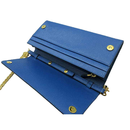 Prada Vitello Move Cobalto Blue Leather Chain Crossbody Wallet Clutch available at Queen Bee of Beverly Hills
