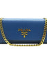 Prada Vitello Move Cobalto Blue Leather Chain Crossbody Wallet Clutch available at Queen Bee of Beverly Hills