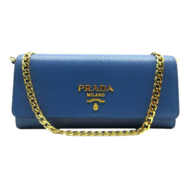 Prada Vitello Move Cobalto Blue Leather Chain Crossbody Wallet Clutch available at Queen Bee of Beverly Hills