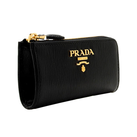 Prada Vitello Move Key Case Holder Wallet Zip Pouch Black Calf Leather available at Queen Bee of Beverly Hills