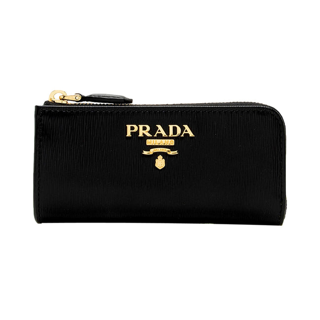 Prada Vitello Move Key Case Holder Wallet Zip Pouch Black Calf Leather available at Queen Bee of Beverly Hills