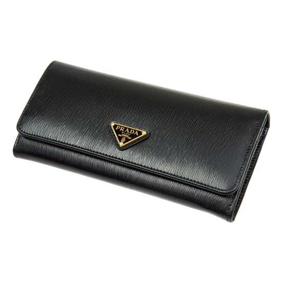 Prada Vitello Move Nero Black Leather Continental Long Wallet Gold Triangle Logo available at Queen Bee of Beverly Hills