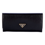 Prada Vitello Move Nero Black Leather Continental Long Wallet Gold Triangle Logo available at Queen Bee of Beverly Hills